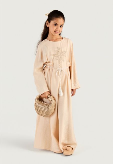Palm Embroidered Tie Dress
