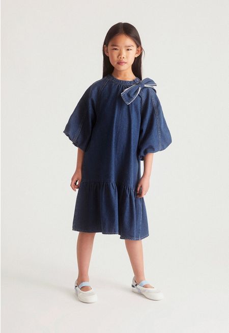 Bow Embellished Denim Dress