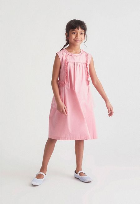 Tulle Panel Ruffle Dress