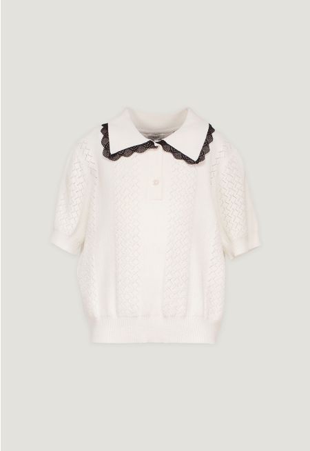 Lace-Detailed Collar Knitted T-Shirt