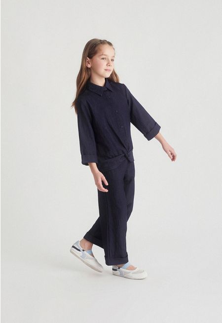 Solid Shirt & Wide-Leg Trousers Set (2PCS)