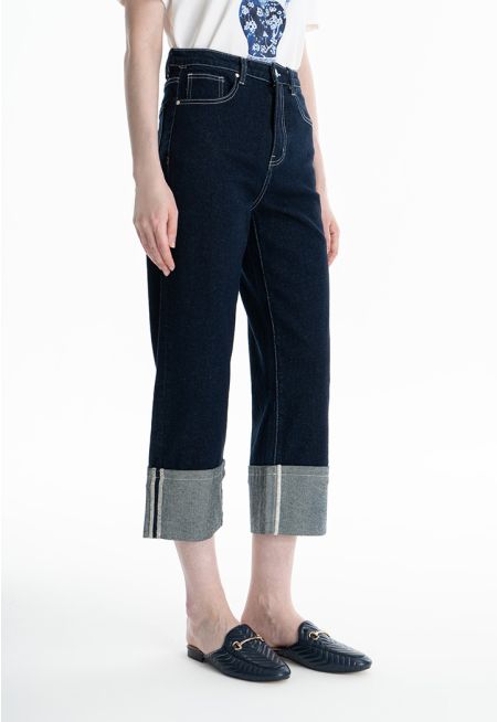 Folded Hem Solid Denim Jeans -Sale