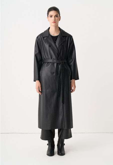 Synthetic Leather Belted Maxi Trench Coat