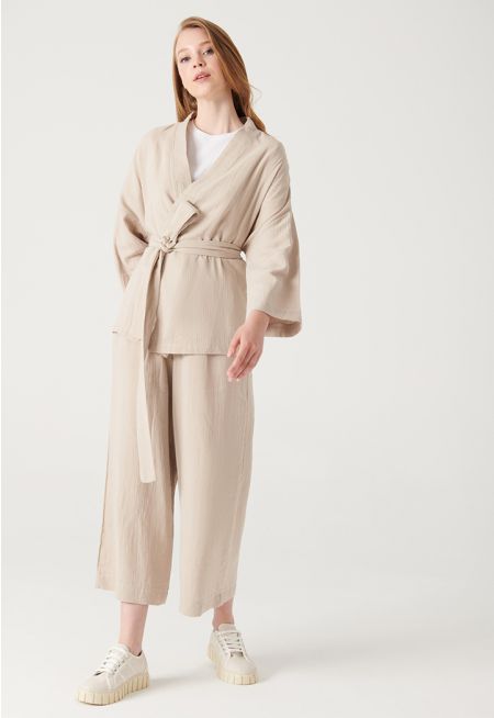 Solid Textured Open Kimono and Trouser Set -Sale