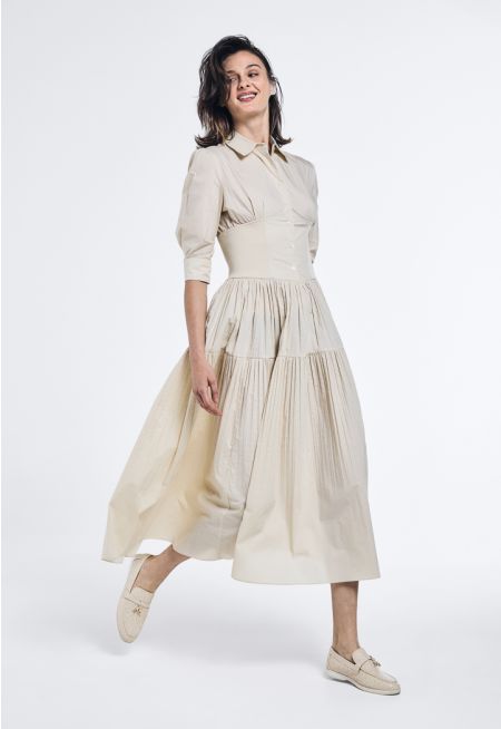 Wide Gathered Waist Pleated Dress