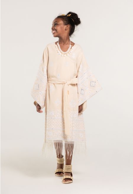 Mirror Embroidered Floral Belted Kaftan