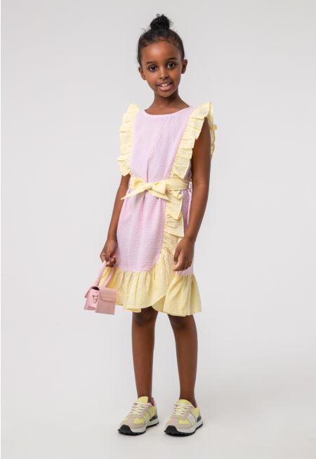 Contrasting Frill Seersucker Sleeveless Dress -Sale