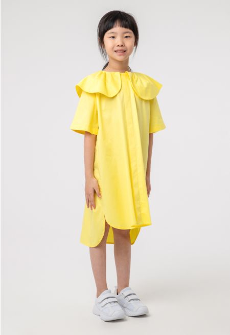 Solid Pleated Baby Collar High-Low Dress -Sale