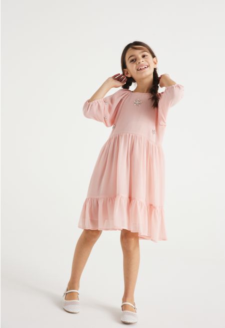 Solid Tiered Rhinestones and Faux Pearls Embellished Dress