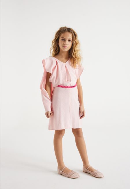 Solid Ruffled Front Belted Dress