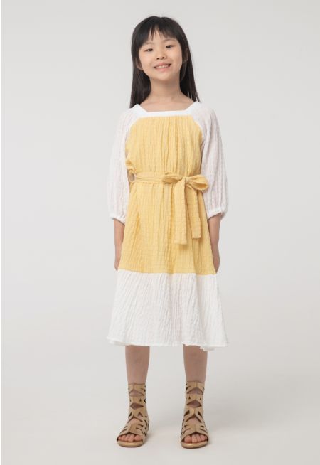 Seersucker Color blocking Long-Sleeves Dress