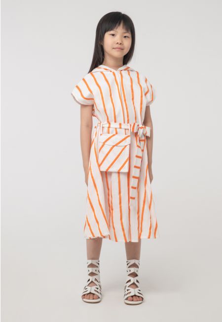 Belted Stripes Hoodie Sleeveless Dress -Sale
