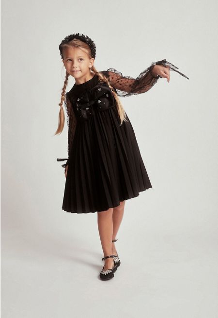 Bow Embellished Pleated Skirt Dress