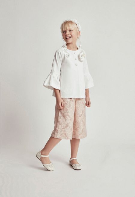Solid Jacket with Floral Embroidered Bermuda Set (2PCS)