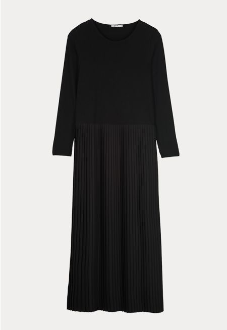 Pleated Solid Long Sleeve Dress