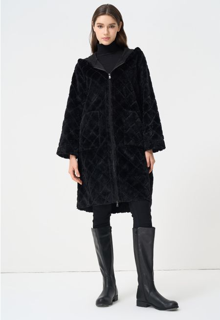 Solid Faux Fur Hoodie Coat