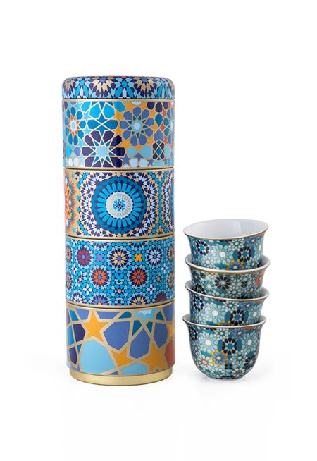 Tin Box With 4 Coffee Cups Porcelain Moucharabieh Blue 60 ml