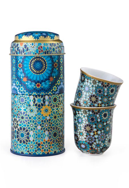Tin Box With 2 Coffee Cup Porcelain Moucharabieh blue 90ml