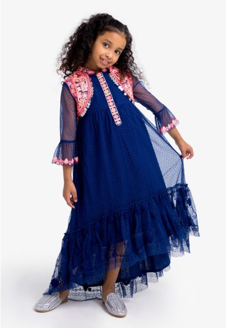 Embroidered High-Low Dress and Vest Set