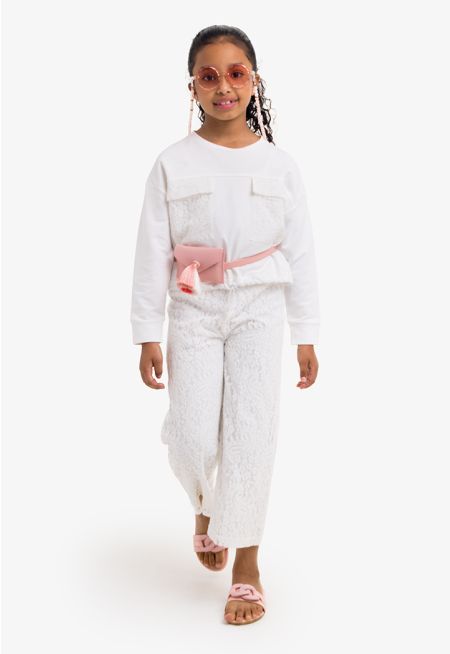 Solid Floral Lace Top and Pants Set (2PCS)