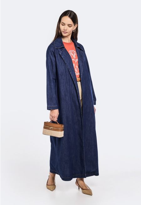 Notched Collar Belted Denim Jacket