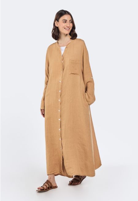 Back Lace Details Linen Shirt Dress