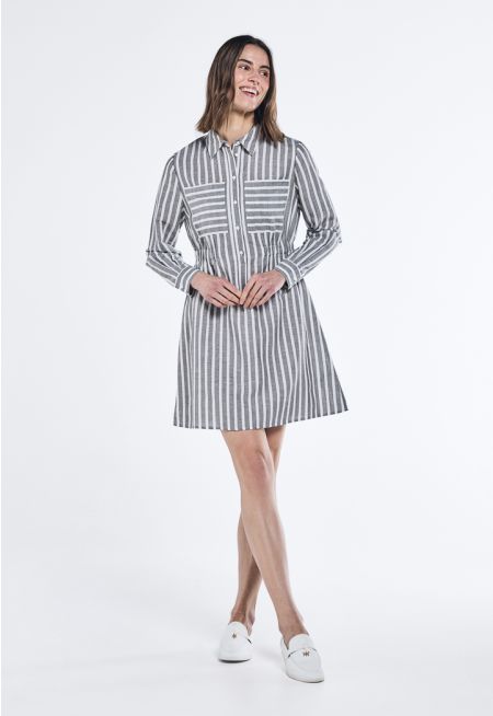 Gathered Waist Striped Midi Dress