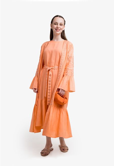 Ruffled Embroidered Dress & Abaya Set