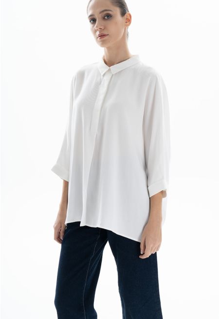 Collared Short Winged Sleeves Solid Oversize Shirt -Sale