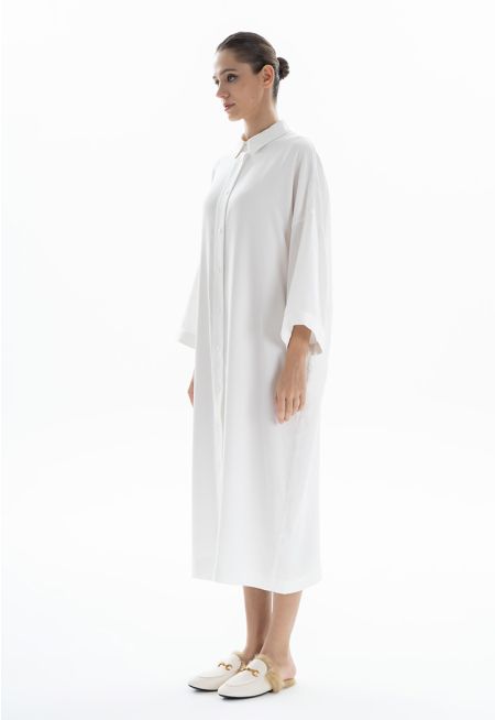 Collared Short Sleeves Buttoned Maxi Shirt Dress -Sale