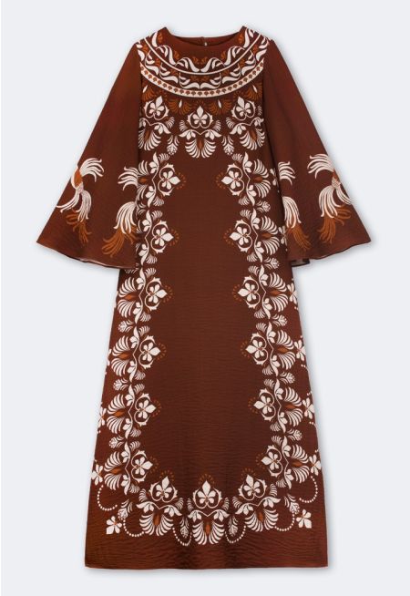 Printed Crinkled Flared Sleeve Dress