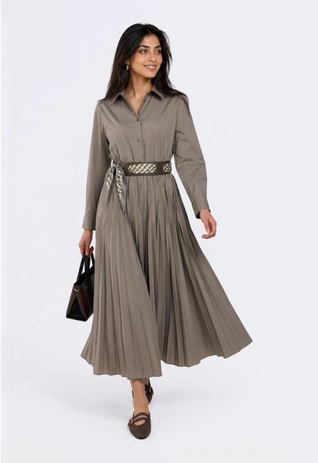 Leather Scarf Belt Pleated Dress