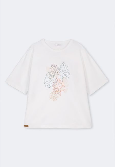 Multicolor Leaf-Embroidered T-Shirt