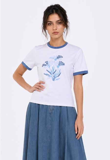Contrast Panel Beaded T-Shirt