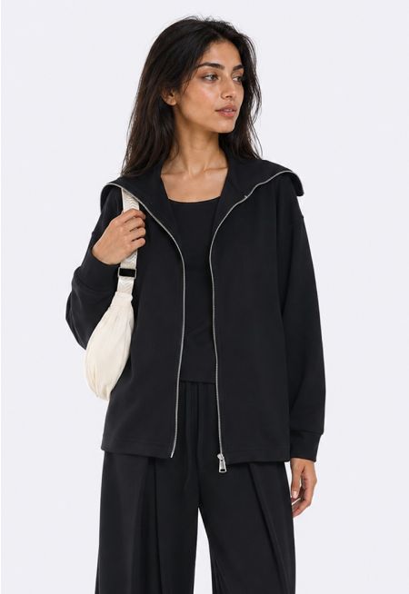 Zip-Up Belted Jersey Sweatshirt