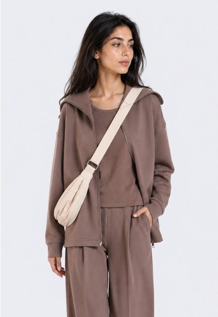 Zip-Up Belted Jersey Sweatshirt