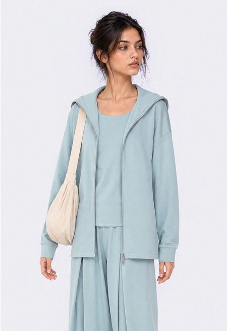 Zip-Up Belted Jersey Sweatshirt