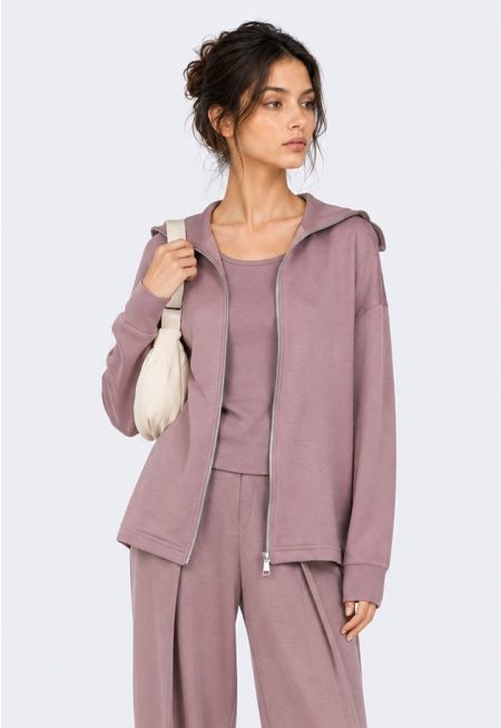 Zip-Up Belted Jersey Sweatshirt