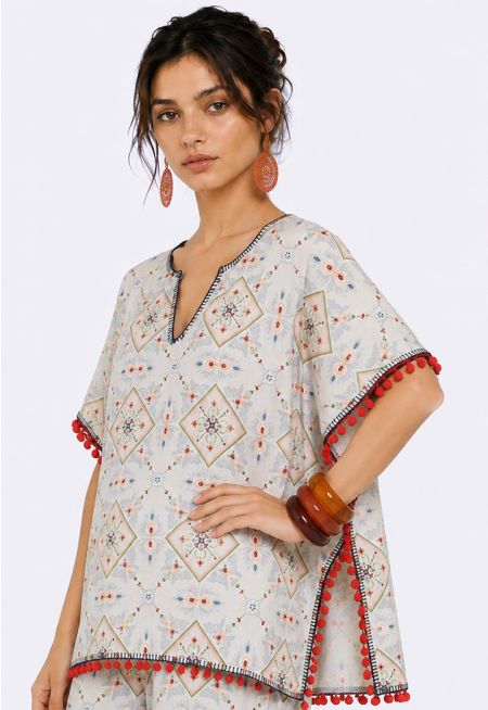 Embroidered Top with Pom-Pom Trim