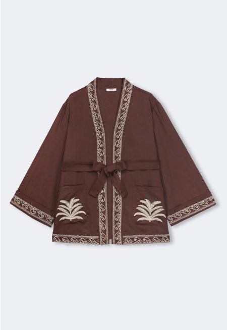 Embroidered Belted Linen Kimono