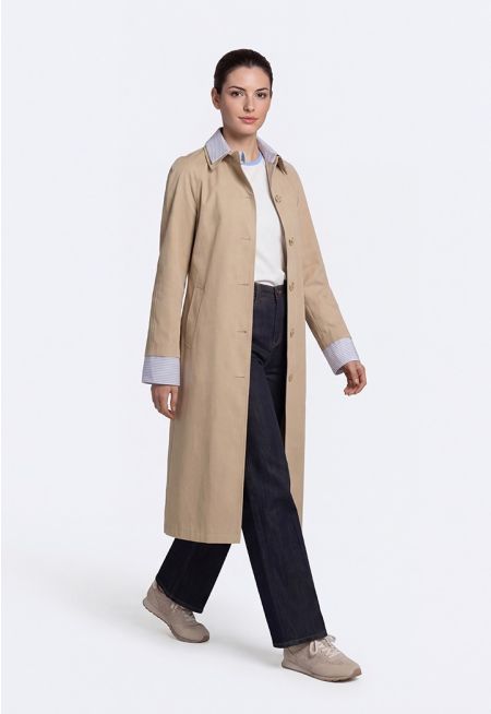 Detachable Striped-Collar Trench Coat