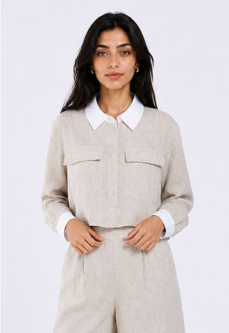 Contrast Cropped Linen Jacket