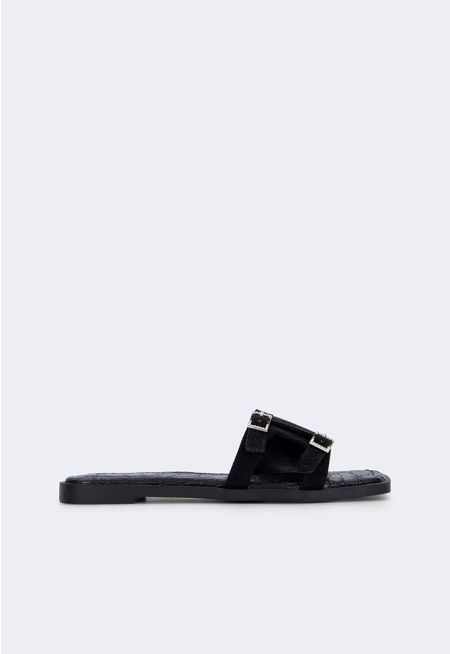 Solid PU Leather Open Toe Flats