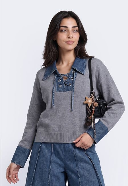 Denim-Trim Knitted Sweater