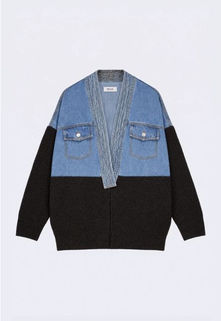 Denim-Knit Combo Cardigan