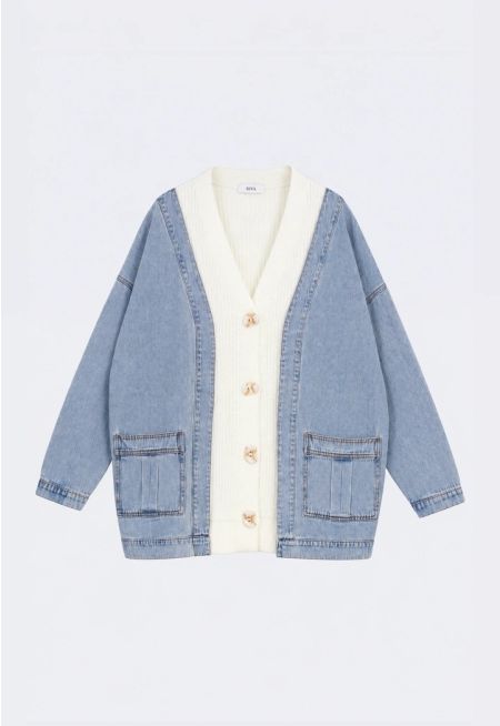 Knitted Cardigan with Denim Panels