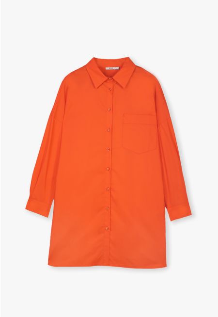 Buttoned Spread Collar Solid Long Shirt