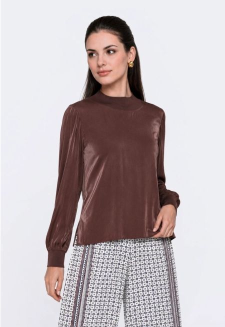 Solid Ribbed Trim Blouse