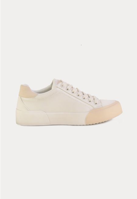 PU Leather Contrast Details Lace Up Sneakers -Sale