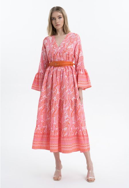 Paisley Printed Tiered Flare Midi Dress -Sale
